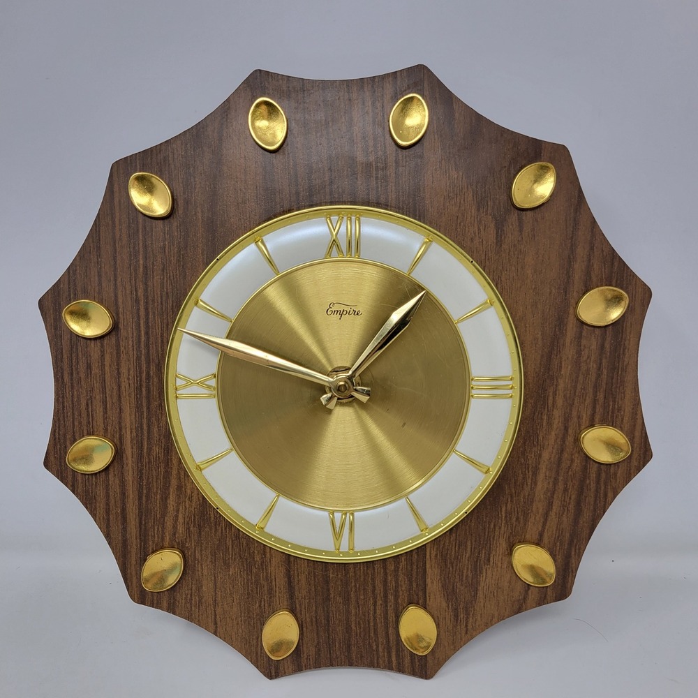 Vintage Empire Mid Century Modern Electric Wall Clock Faux Wood Gold